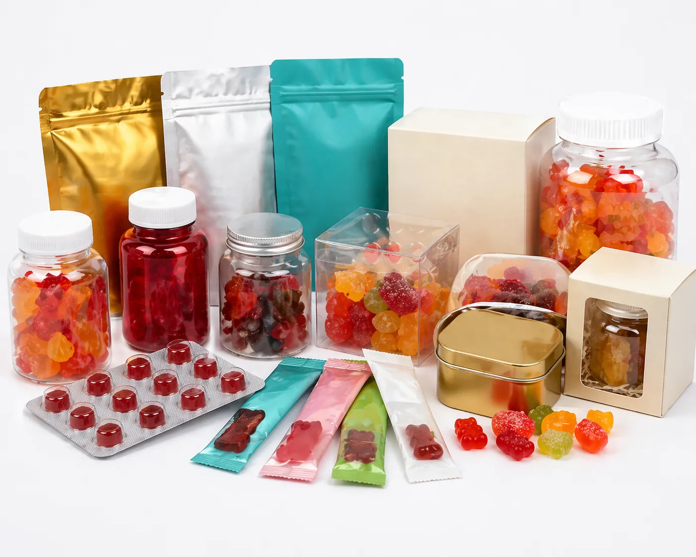 Private label gummy packaging options including bottles, pouches, jars, blister packs and cartons
