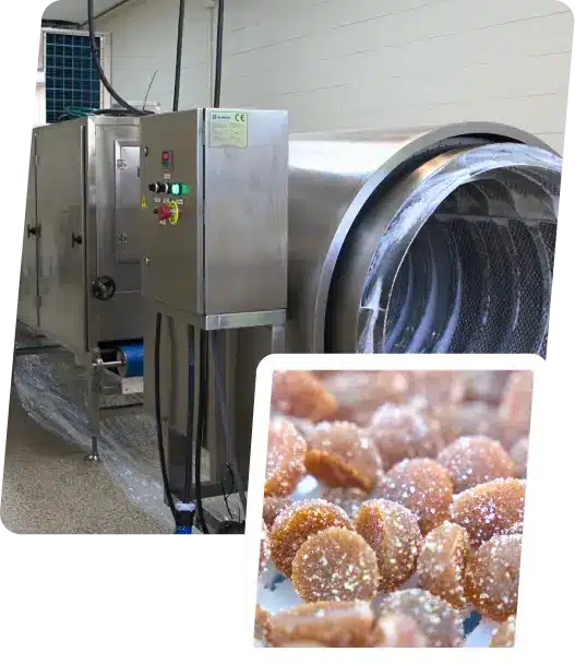 Gummy sugar coating machine for oil spraying, sanding and sugar-free finishing in gummy manufacturing