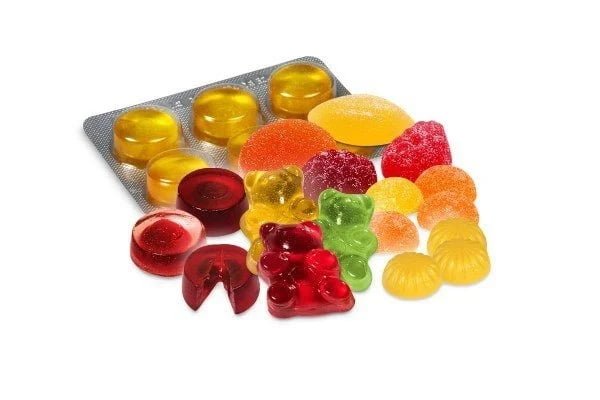 Custom gummy structure and finish variations including single color gummies, dual color gummies, center-filled gummies, coated gummies and sanded gummies