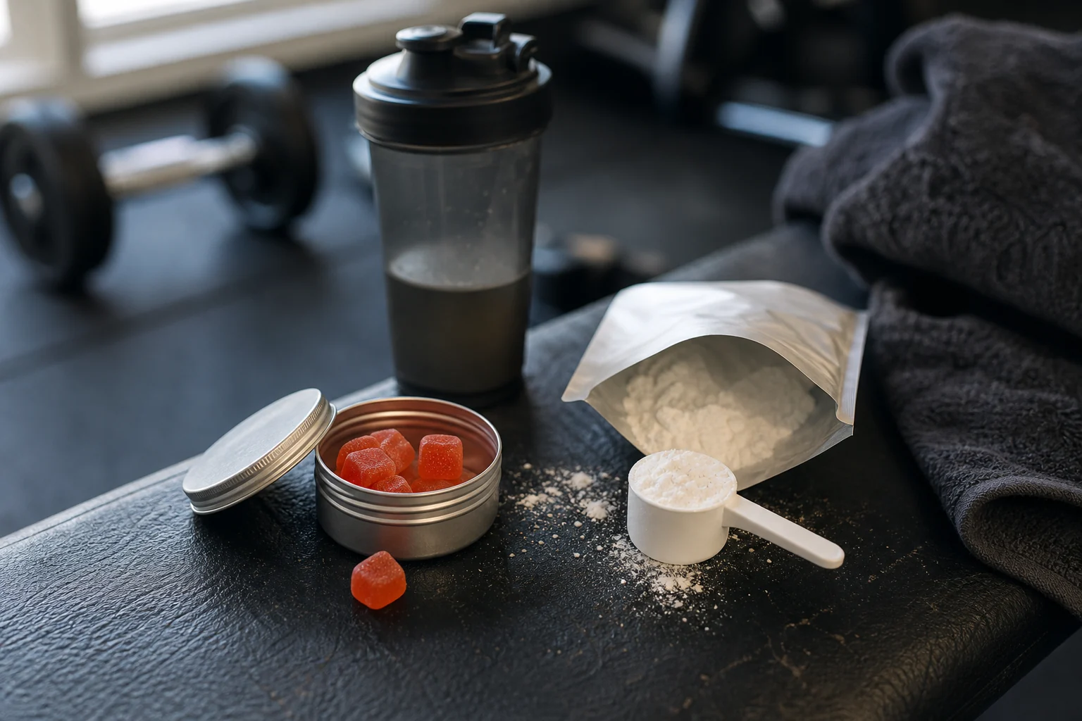 Creatine gummies vs powder serving comparison on a gym bench after training
