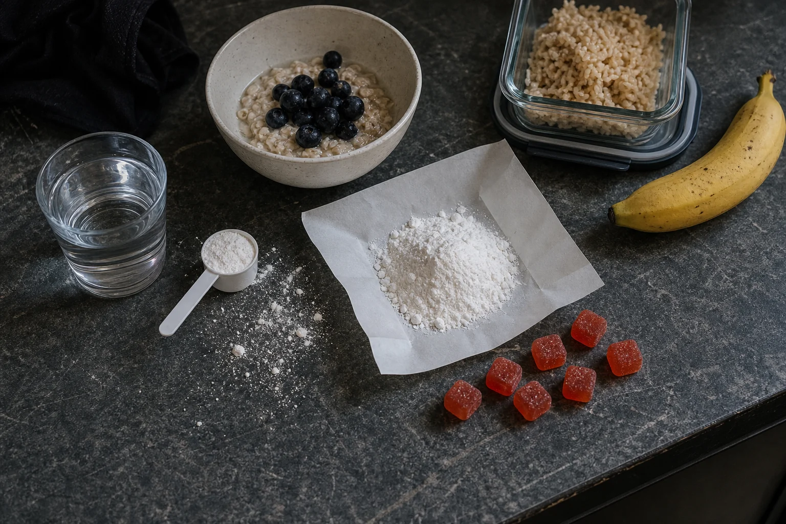 Creatine powder and gummies showing creatine powder vs gummies dose practicality