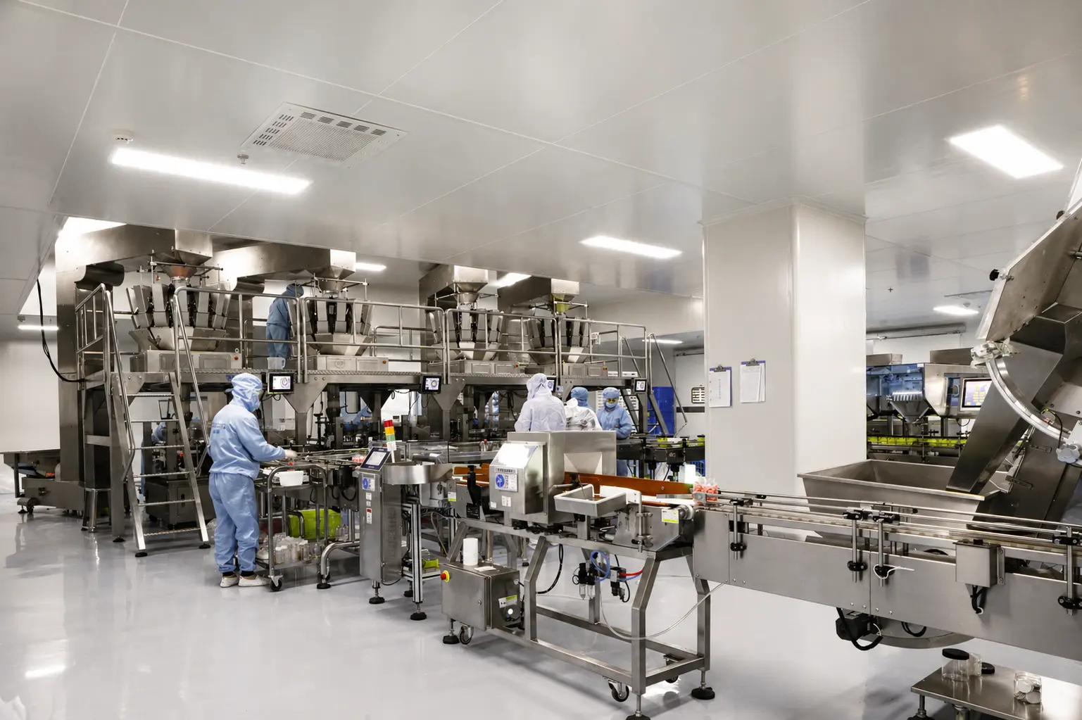 Automated gummy packaging production line with capping, labeling and sleeving for private label supplements
