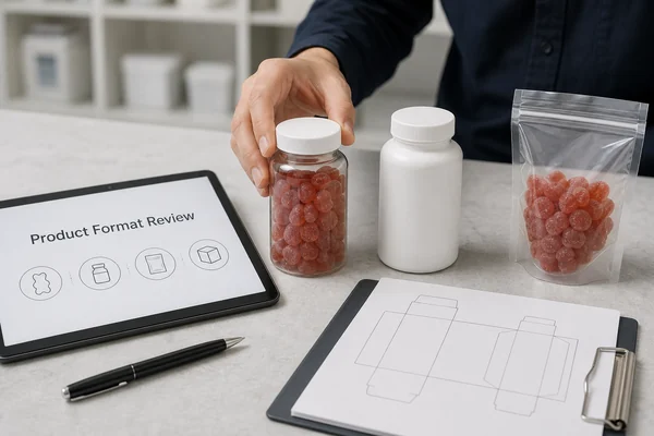 apple cider vinegar gummies benefits concept with ACV gummies, bottle, and formulation notes