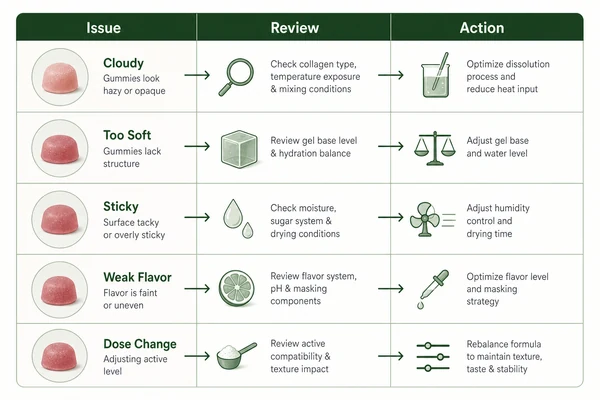 collagen gummy troubleshooting table