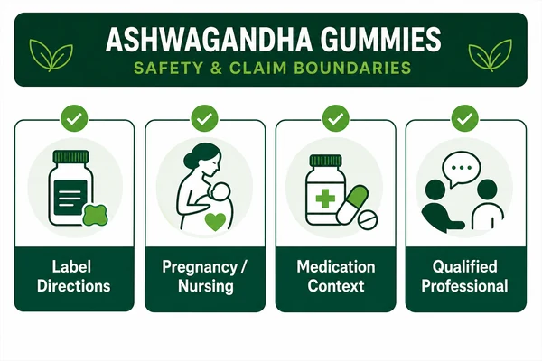 Ashwagandha gummy safety and claim boundaries infographic