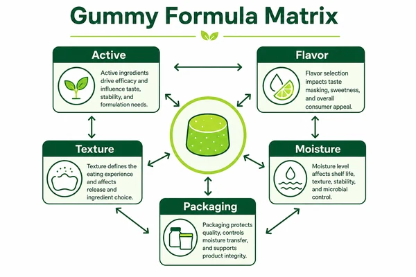 Gummy supplement matrix with active ingredients and texture controls