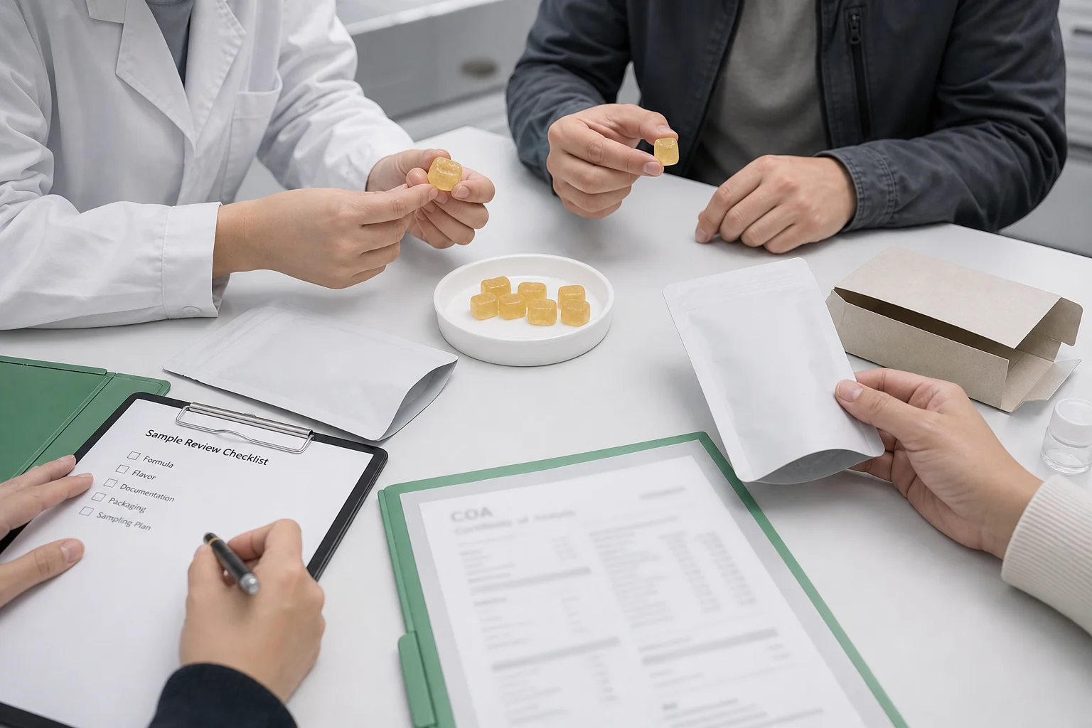 Gummy supplement samples reviewed with raw material and packaging notes