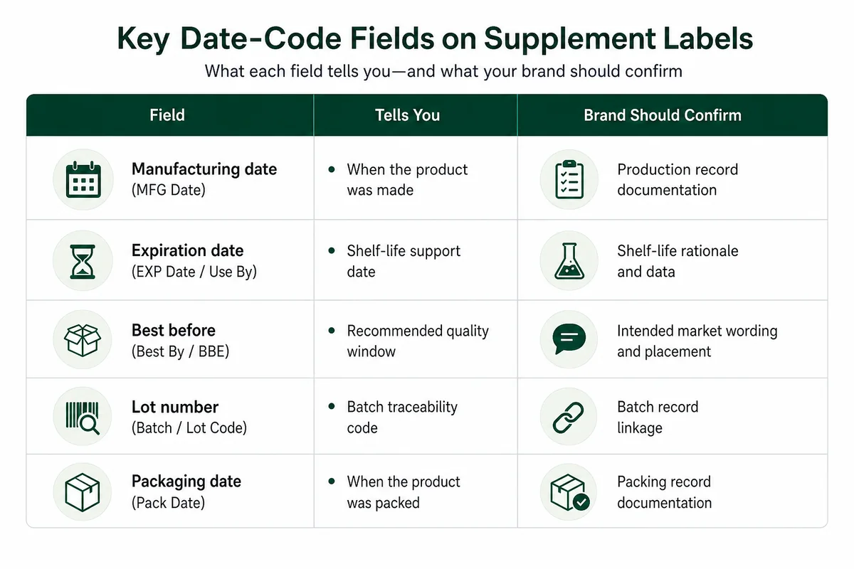 MFG date meaning and supplement label code comparison table
