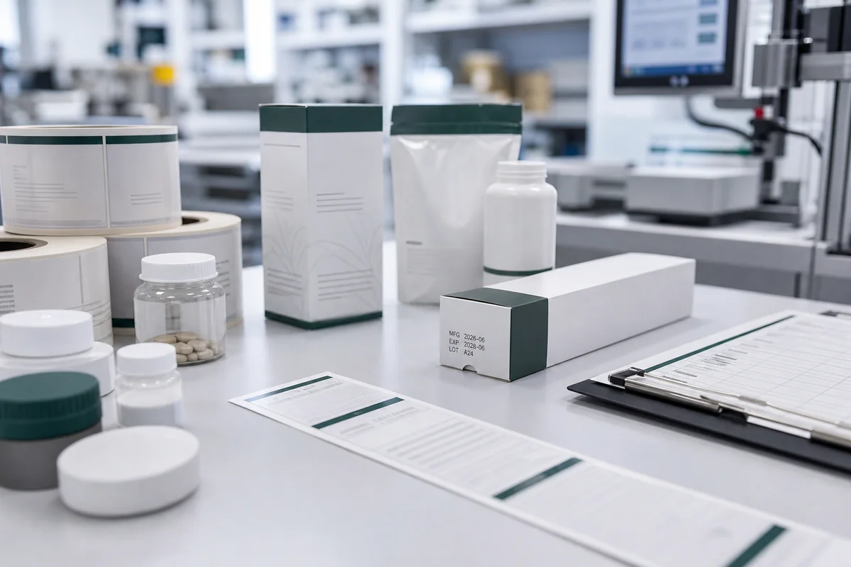 supplement brand owner reviewing MFG date EXP date and lot code placement before production
