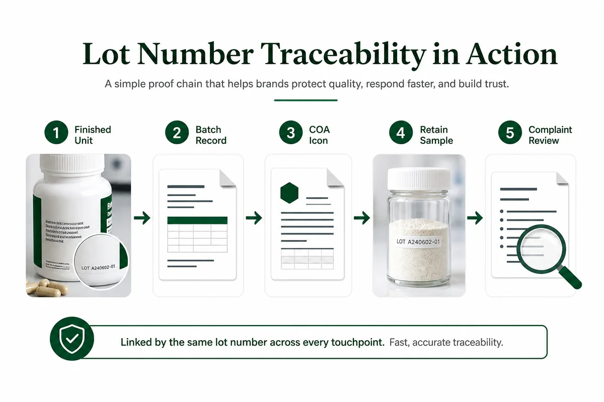 lot number traceability flow connecting supplement label to batch record and quality documents