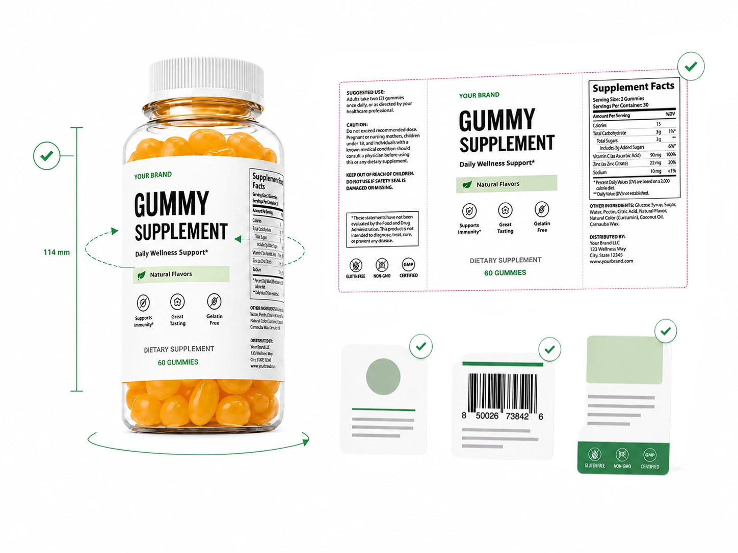 Private label gummy supplement label approval visual with stock bottle, yellow oil coated gummies, barcode, label artwork, and packaging review checklist