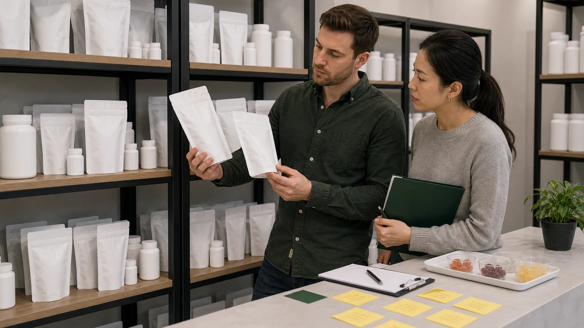 Product team reviewing stock gummy samples beside blank pre-made packaging shelves