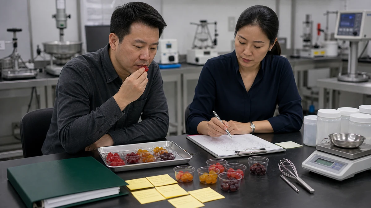 Custom gummy formulation samples reviewed during professional sensory evaluation