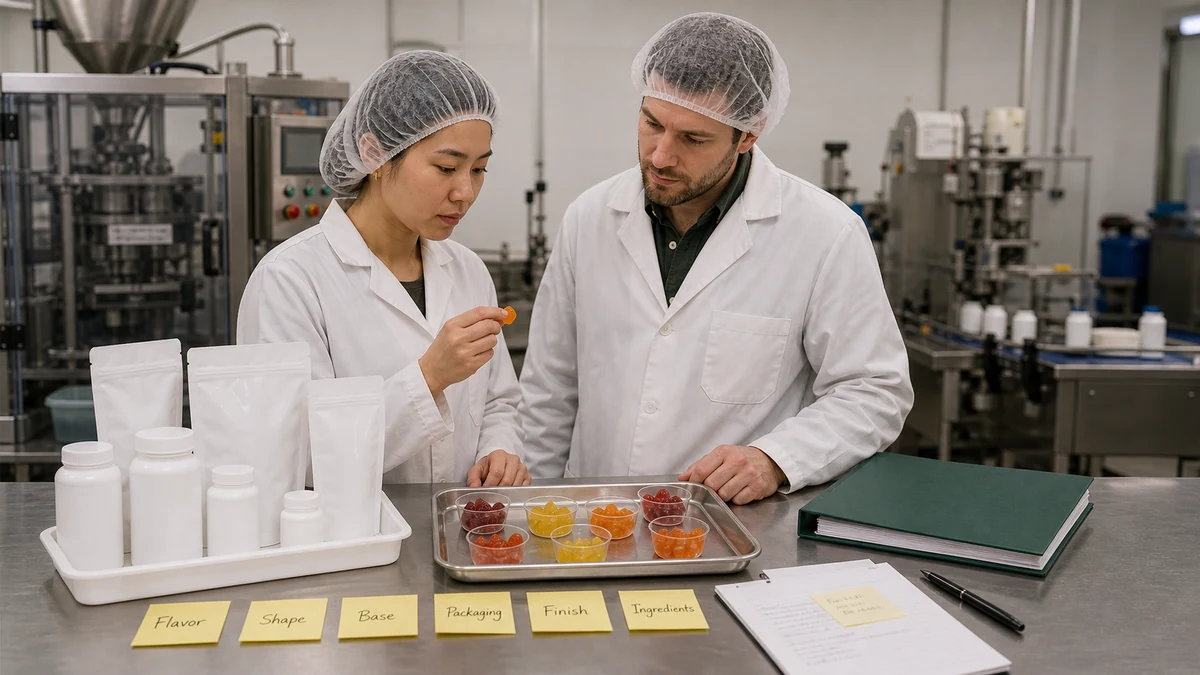 Semi-custom gummy formulation options reviewed near a pilot production bench