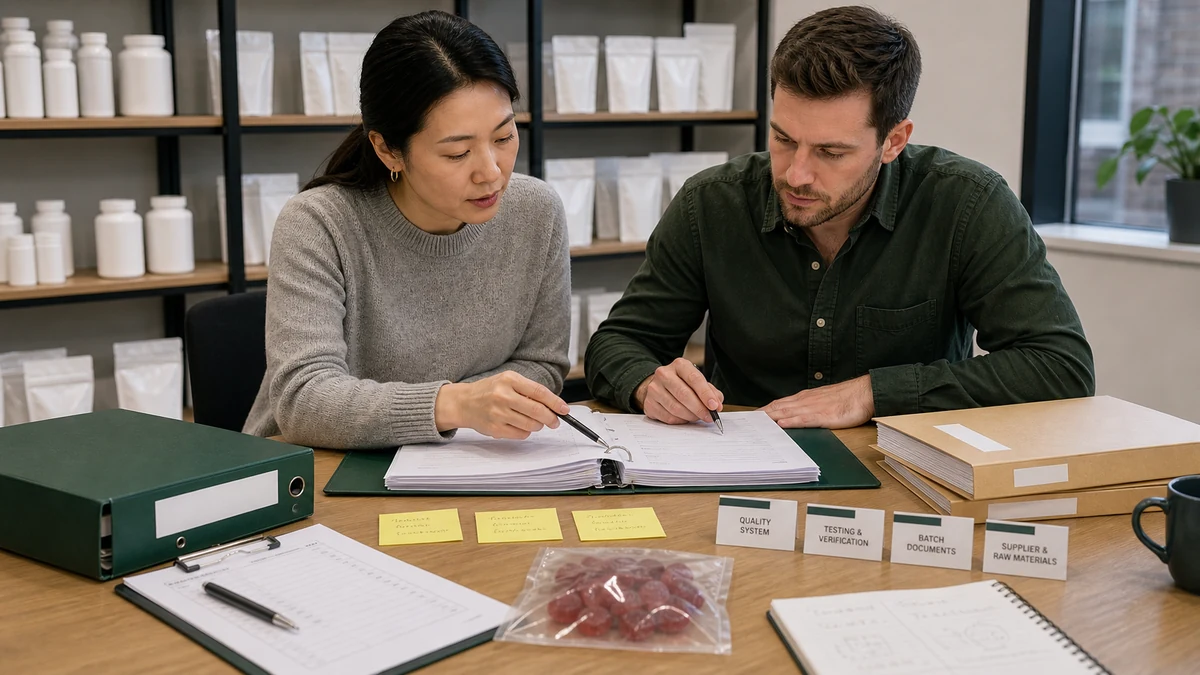 Gummy supplement documentation review with blank batch folders and sample materials