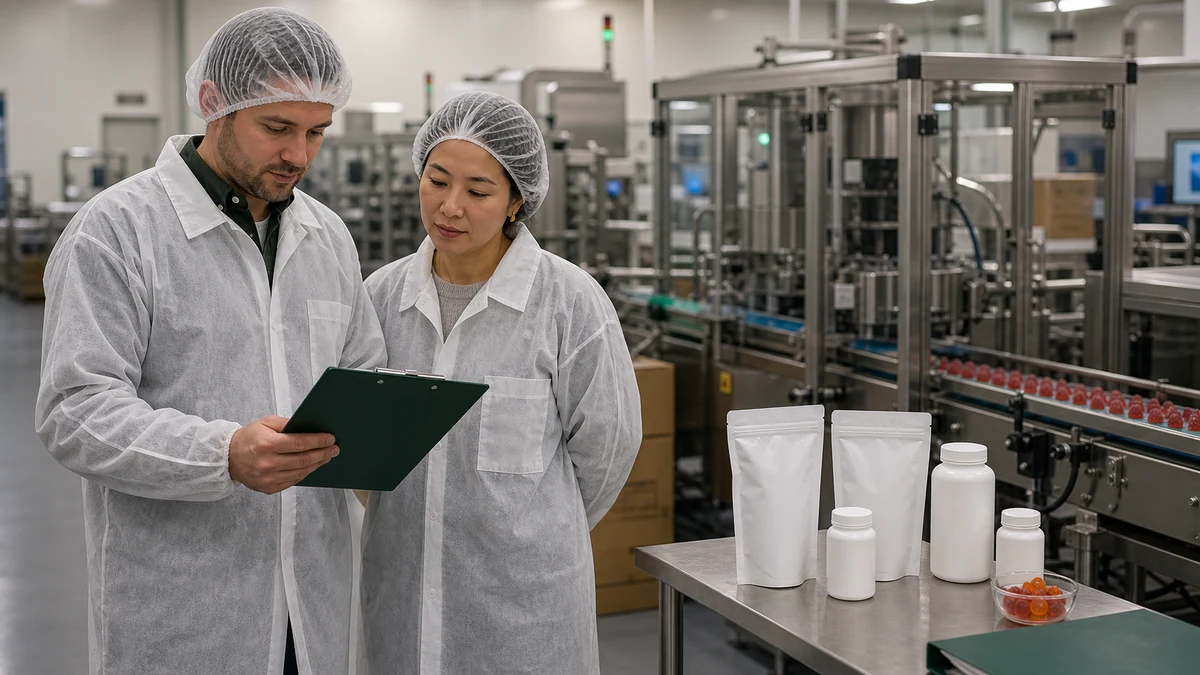 Buyers reviewing gummy manufacturing partner questions during a production walkthrough