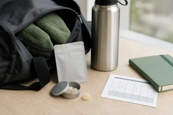 Creatine gummies arranged with a water bottle and daily routine checklist