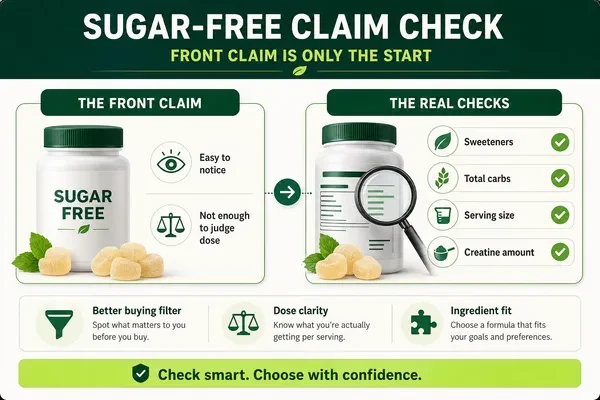 Sugar-free gummy label checklist for sweeteners, carbs, serving size, and creatine amount