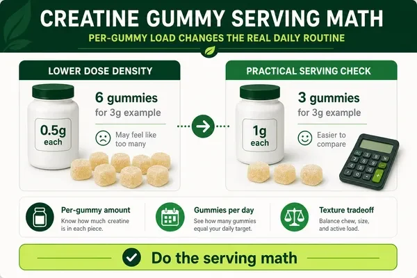 Creatine gummy dosage chart comparing creatine per gummy and per serving