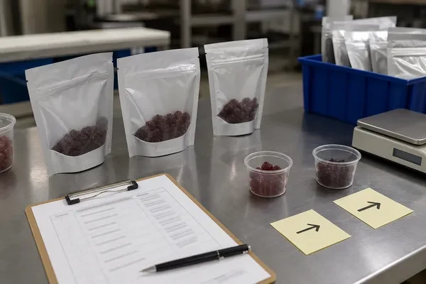 Unbranded gummy samples reviewed beside a non-readable quality checklist