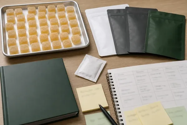 Sugar-free gummy samples reviewed with packaging and moisture-control materials