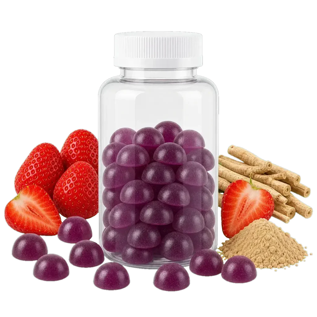 Pectin ashwagandha gummies in a clear bottle with strawberry, ashwagandha root, and powder visuals, part of Talvenda’s in-stock gummies collection.