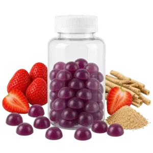Pectin ashwagandha gummies in a clear bottle with strawberry, ashwagandha root, and powder visuals, part of Talvenda’s in-stock gummies collection.