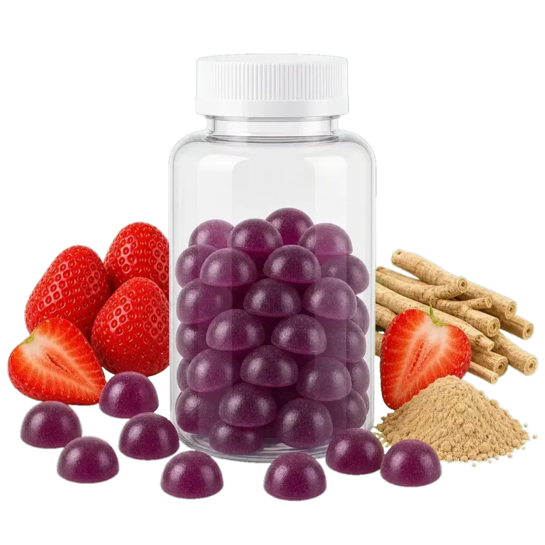 Bottle of purple gummies with strawberries and ashwagandha roots