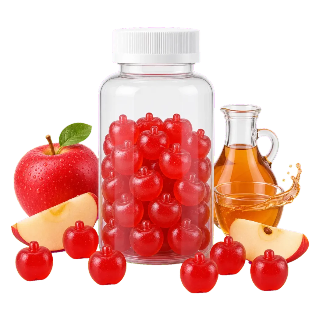 Pectin apple cider vinegar gummies in a clear bottle with apple and cider vinegar visuals, part of Talvenda’s 5 stock gummies collection.