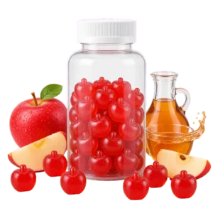 Pectin apple cider vinegar gummies in a clear bottle with apple and cider vinegar visuals, part of Talvenda’s 5 stock gummies collection.