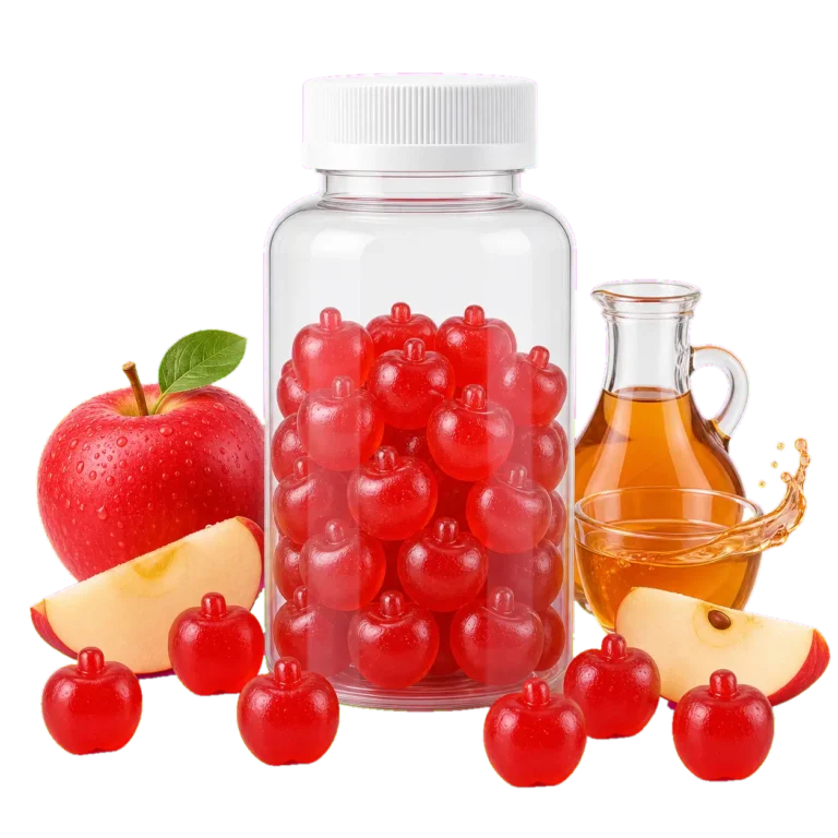 Bottle of red apple-shaped gummies beside apples and vinegar