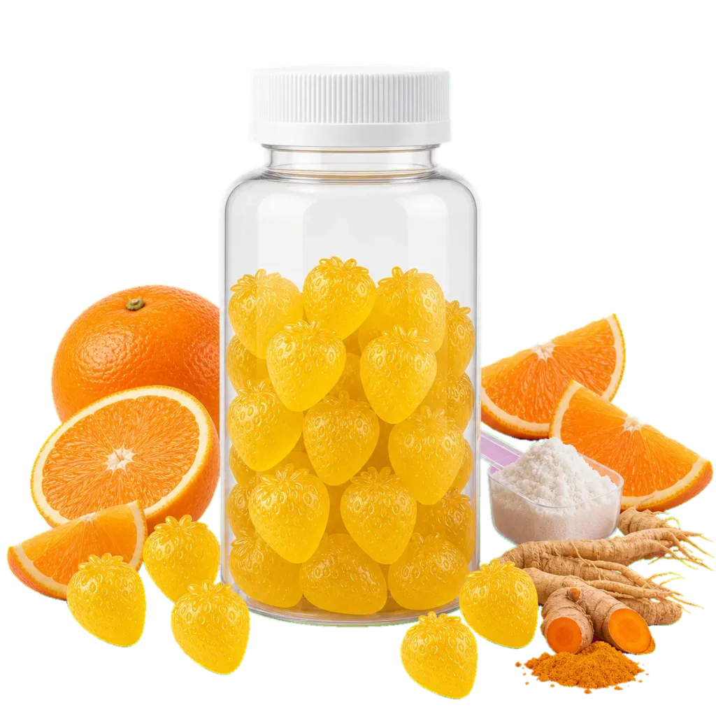 Pectin creatine gummies in a clear bottle with orange, turmeric, and powder visuals, part of Talvenda’s in- stock gummies collection.