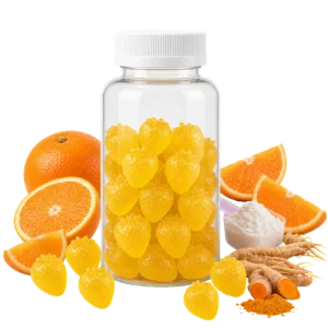 Pectin creatine gummies in a clear bottle with orange, turmeric, and powder visuals, part of Talvenda’s in- stock gummies collection.