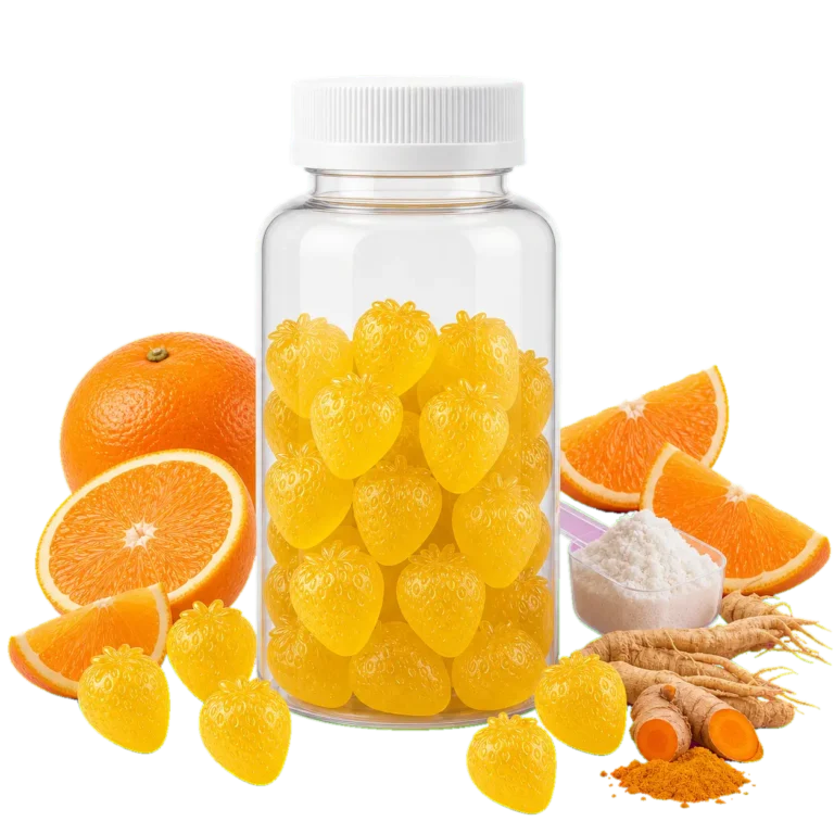 Bottle of yellow gummies with orange slices and turmeric