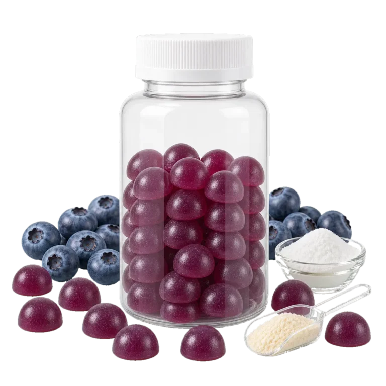 Bottle of purple gummies with blueberries