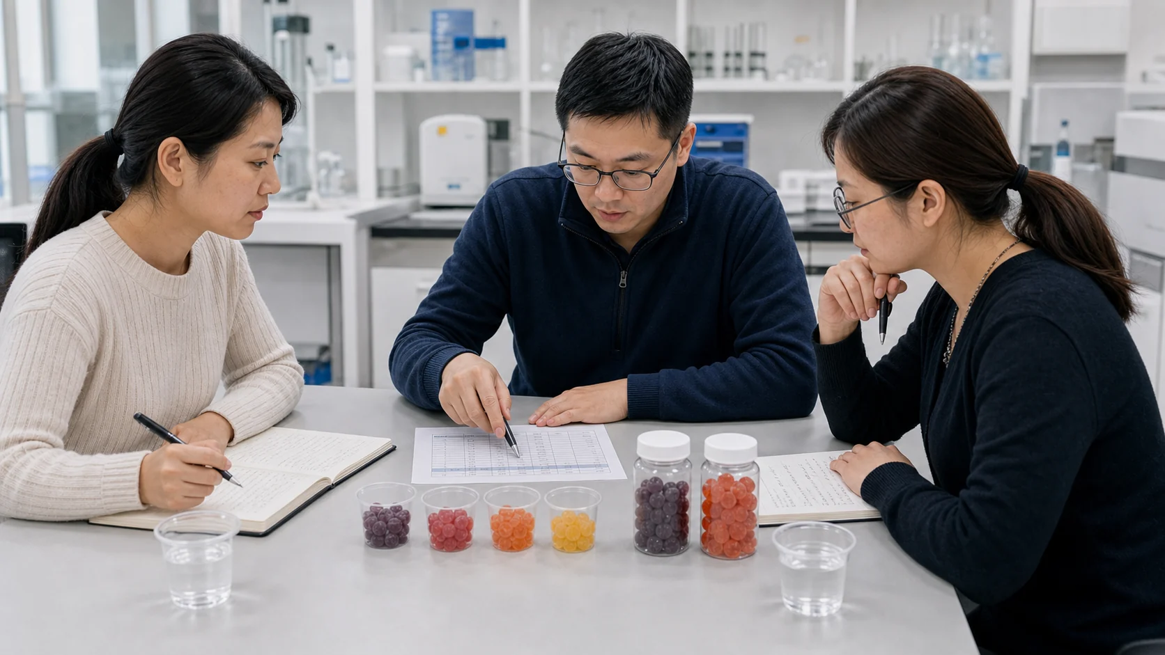 Team reviewing gummy samples during a flavor and formulation discussion