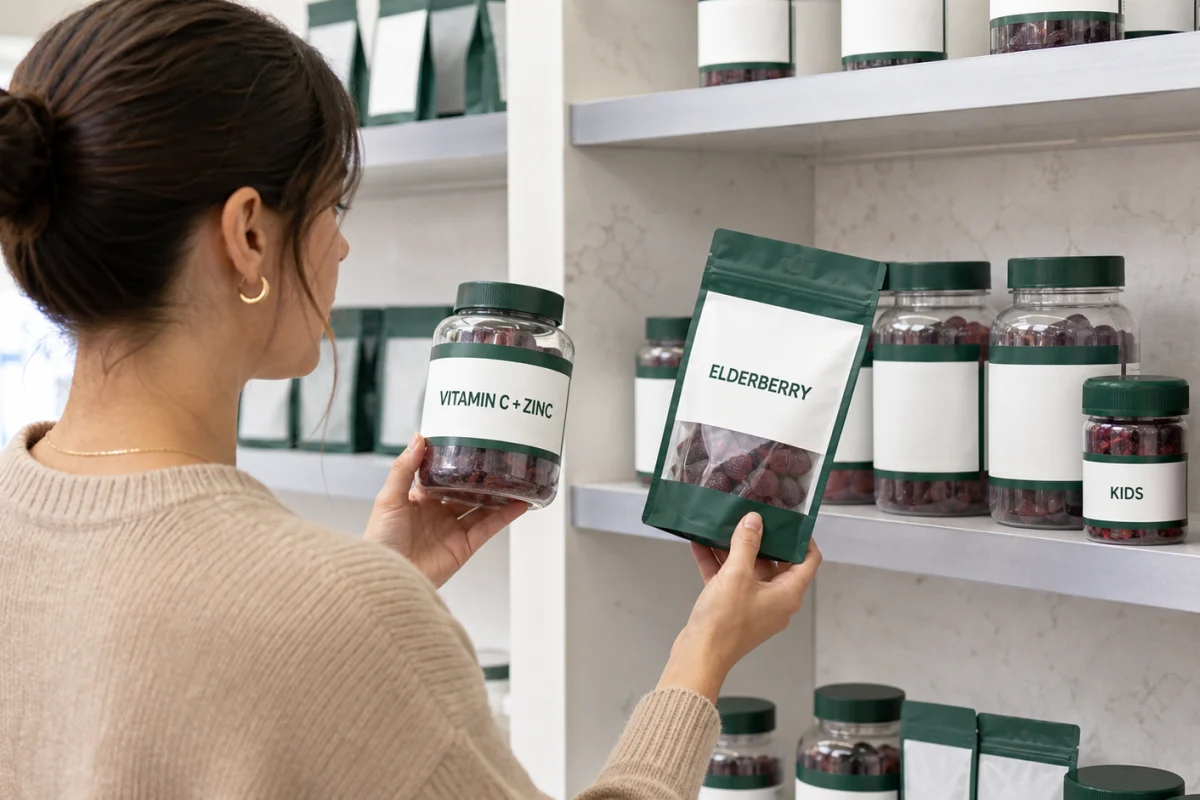 Shopper comparing immune support gummy labels and serving counts