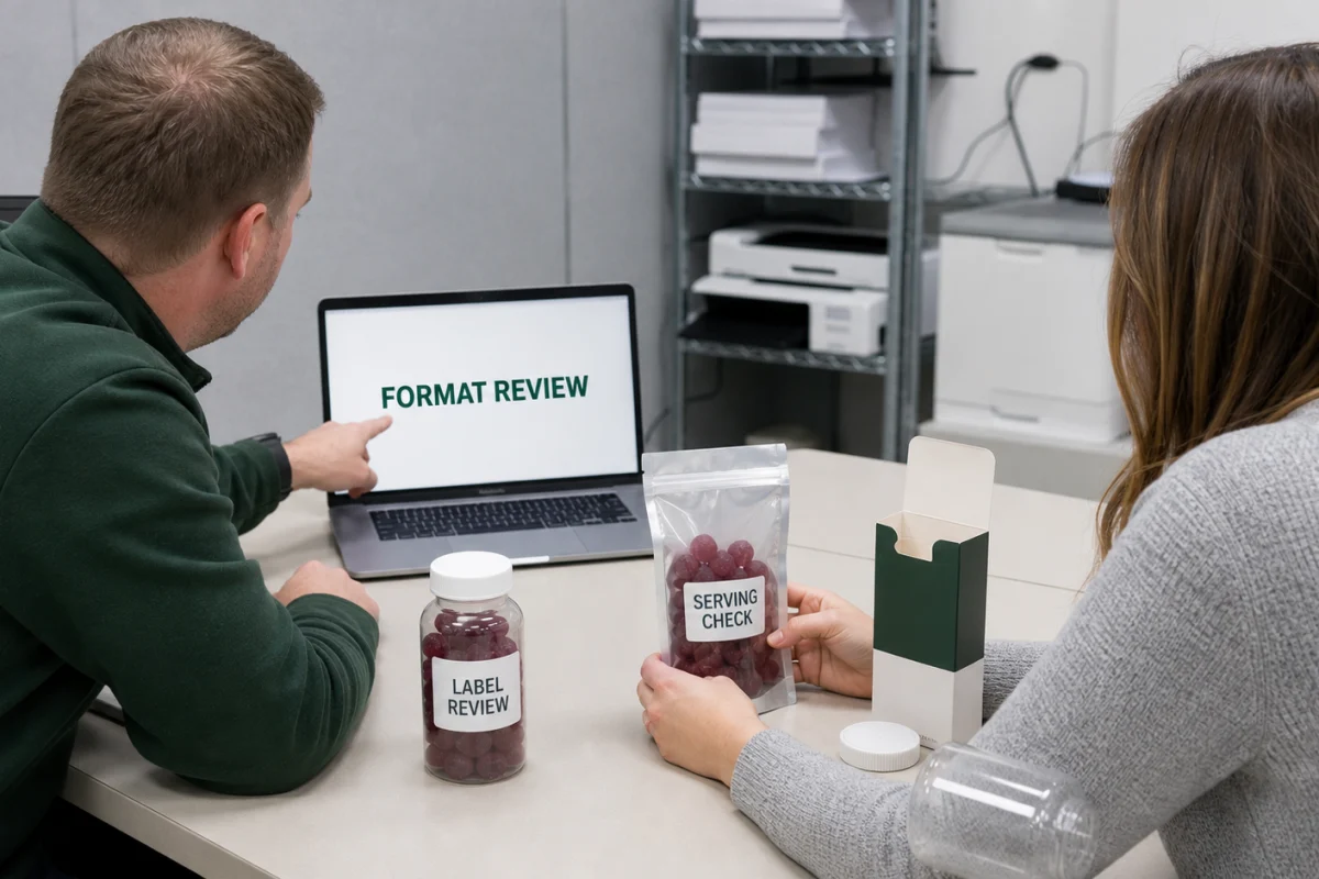 Analysts comparing immune gummy label serving and format review samples