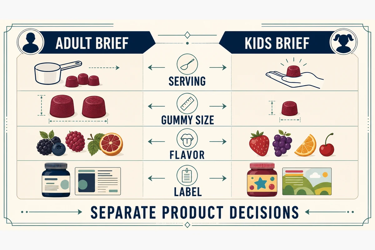 Adult and kids immune gummy development briefs compared
