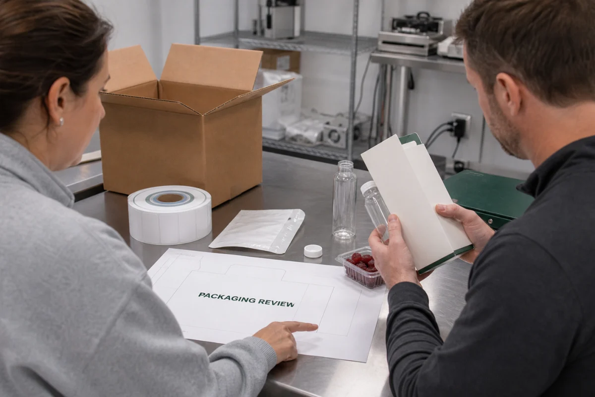 Brand and production team reviewing an immune gummy packaging handoff