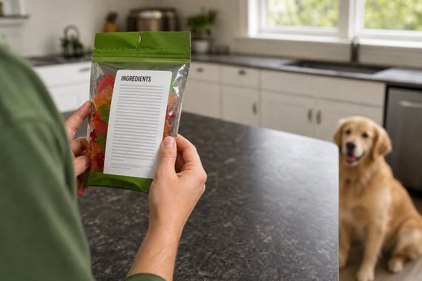 Dog owner checking the ingredient list on a generic gummy package