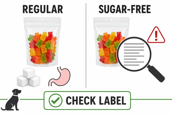 Illustration comparing regular and sugar-free gummy label checks for dog safety