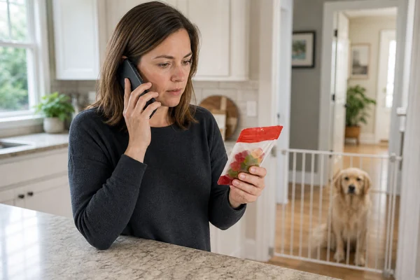 Dog owner calling for professional guidance with the gummy package in hand