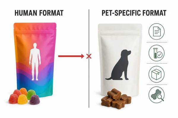 Illustration separating human supplement gummies from pet-specific supplement formats