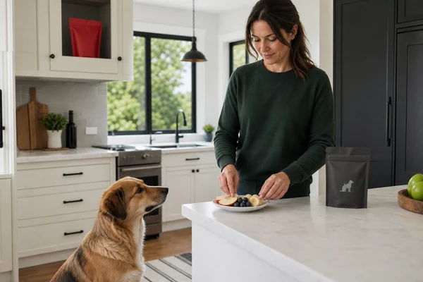 Dog owner preparing plain fruit while a dog waits beside a pet-treat pouch