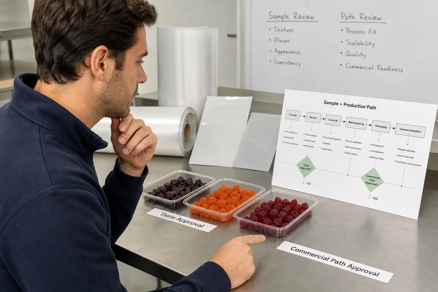 Illustration of a gummy sample review connecting serving direction, packaging, and approval notes