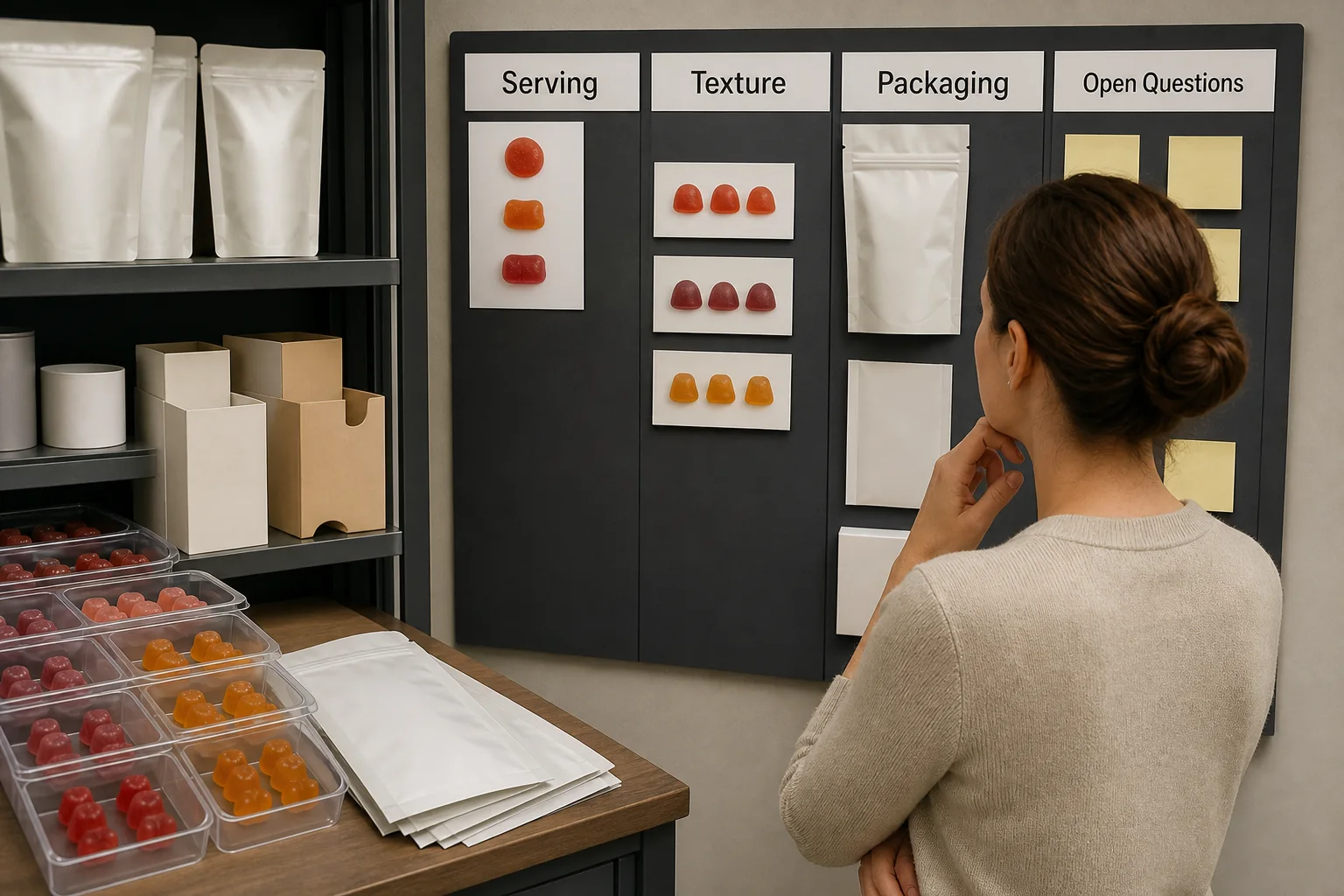 Illustration of a gummy feasibility review with sample trays, blank pouch film, and a packaging planning board