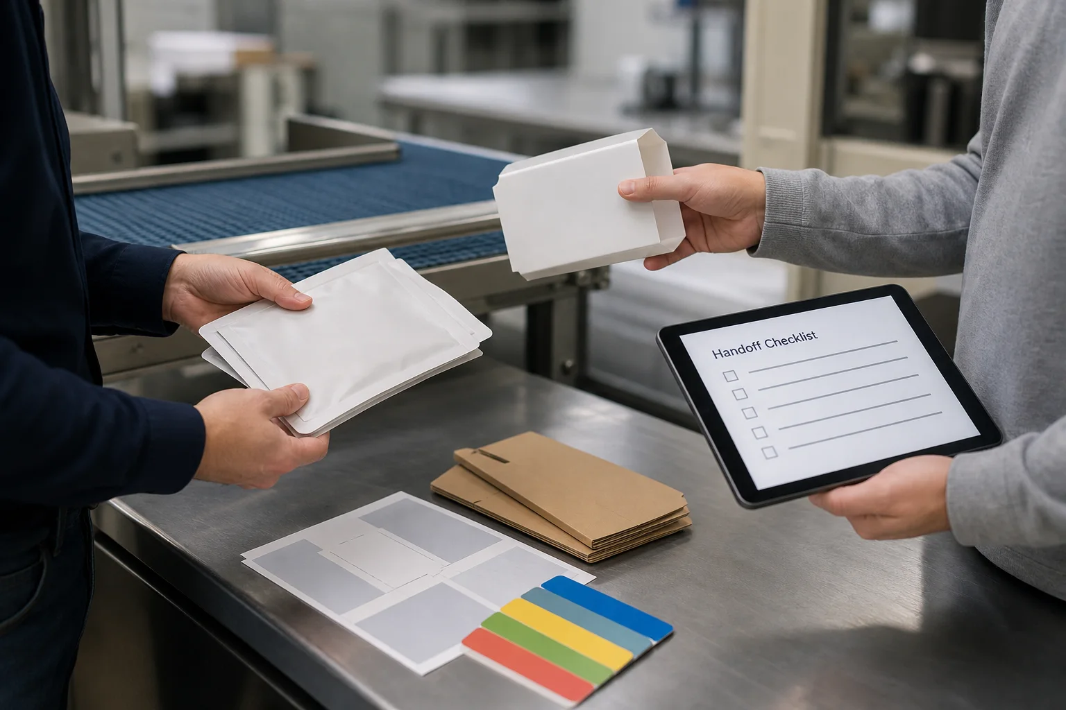 Illustration of a gummy production handoff with blank pouch components, carton sleeves, and controlled artwork notes