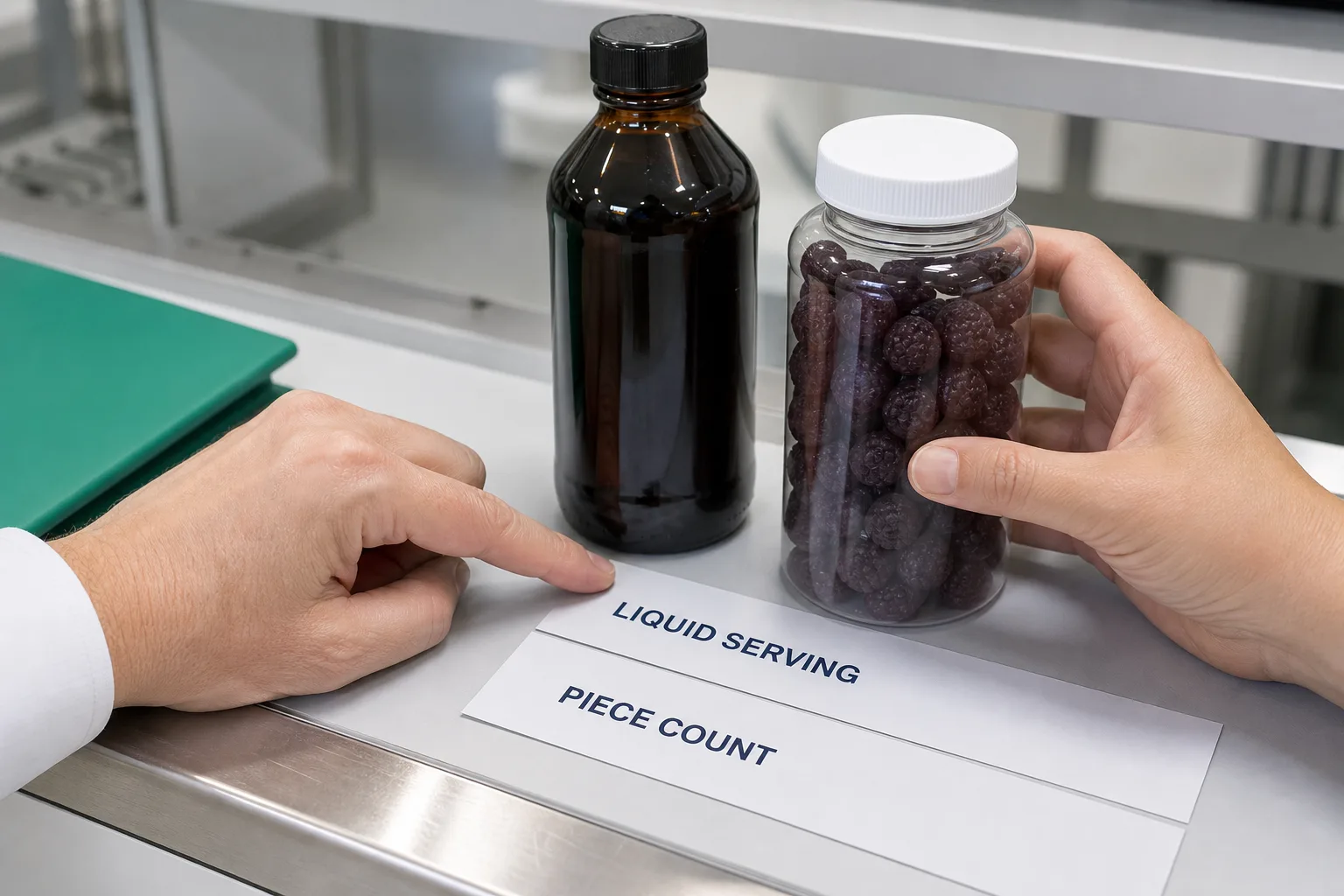 Hands comparing elderberry supplement serving labels without brand claims