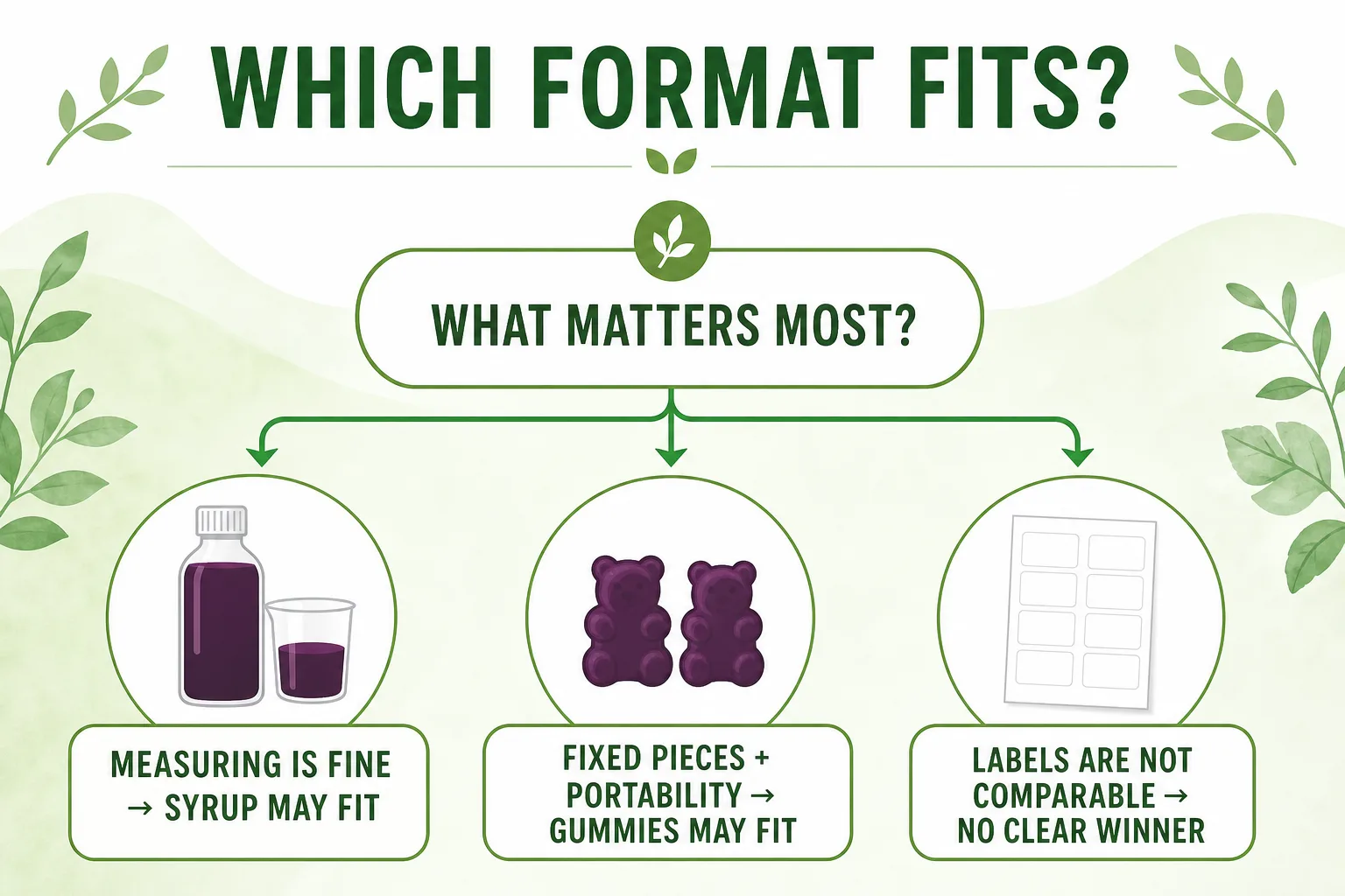 Pros and cons decision tree for elderberry syrup and gummies